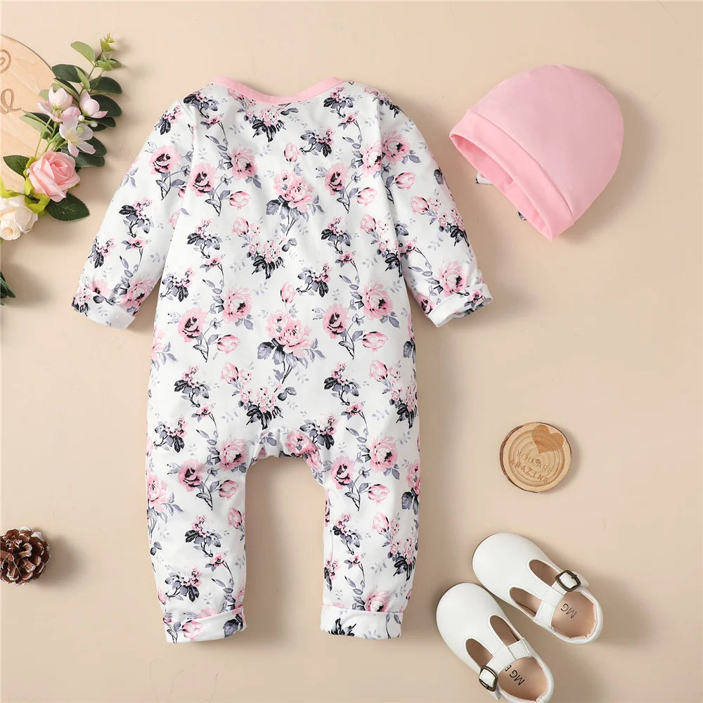 Baby Girl Floral Romper Set with Hat – Long Sleeve Jumpsuit Outfit (0–18 Months)