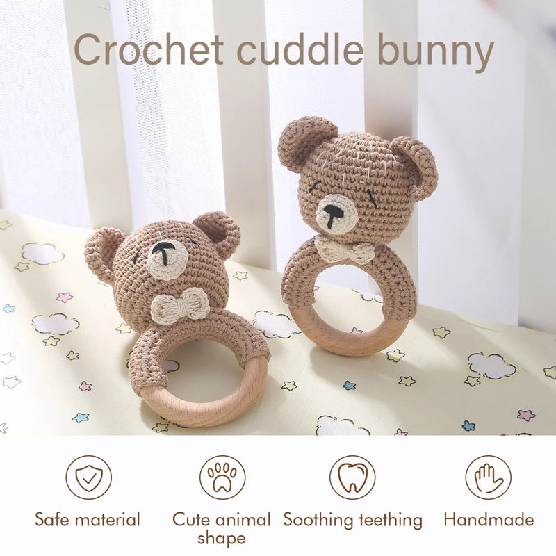 Baby Rattle – Crochet Animal Bear with Wooden Teether Ring | Soft Montessori Pram Toy for Newborns