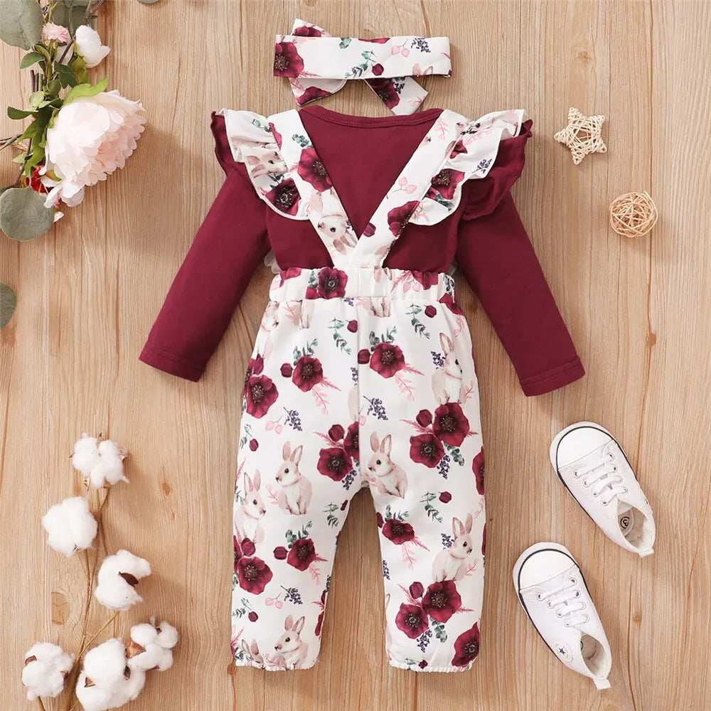 Baby Girl 3PCS Outfit – Floral Romper, Strap Pants & Headband Set (0–24M)