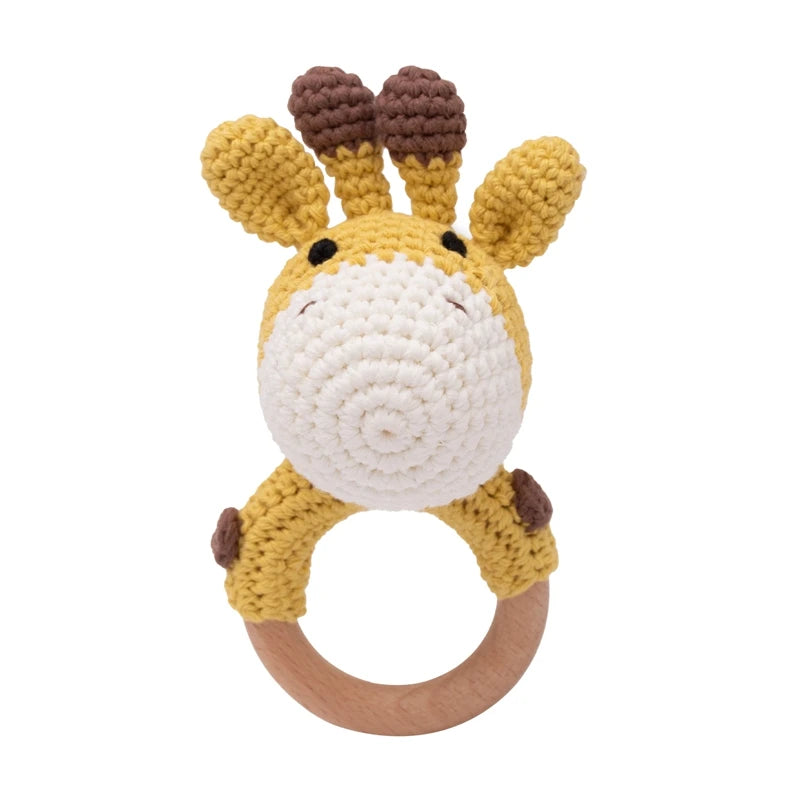 Baby Rattle – Crochet Animal Bear with Wooden Teether Ring | Soft Montessori Pram Toy for Newborns