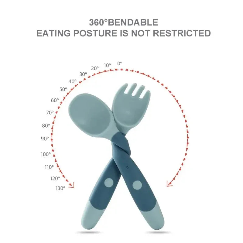 Bendable Twist Baby Fork and Spoon Set – Soft Silicone Tableware for Self-Feeding Training