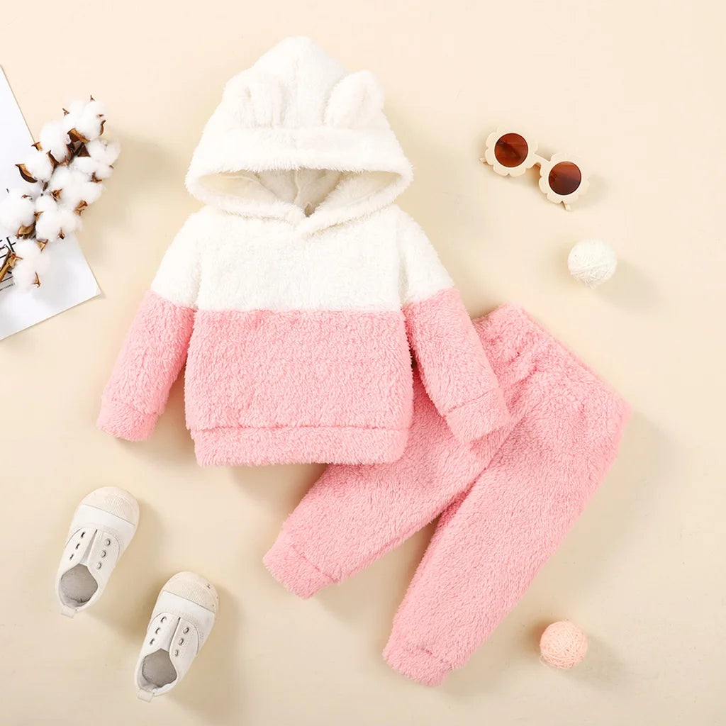 2PCS Fluffy Hooded Baby Girl Winter Outfit – Hoodie & Pants Set for 0–2 Years