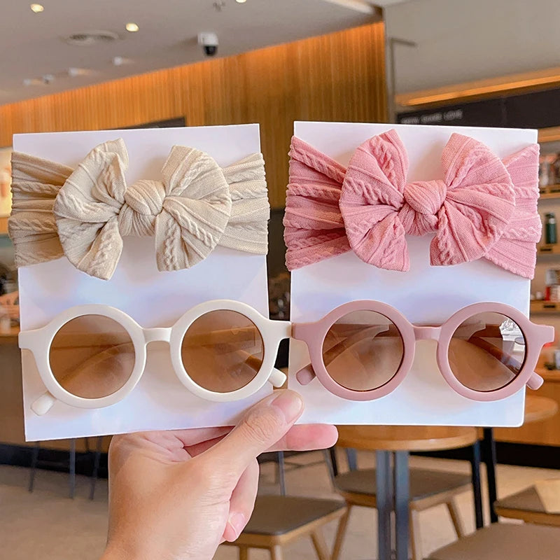 2-Piece Set: Baby Girl Round Sunglasses & Cotton Bowknot Hairband – Stylish Summer Accessory