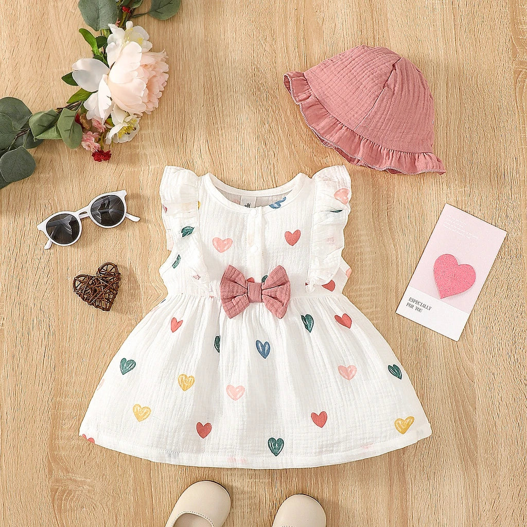 2PCS Baby Girl Dress Set – Love Print Sleeveless Dress with Hat (0–9 Months)