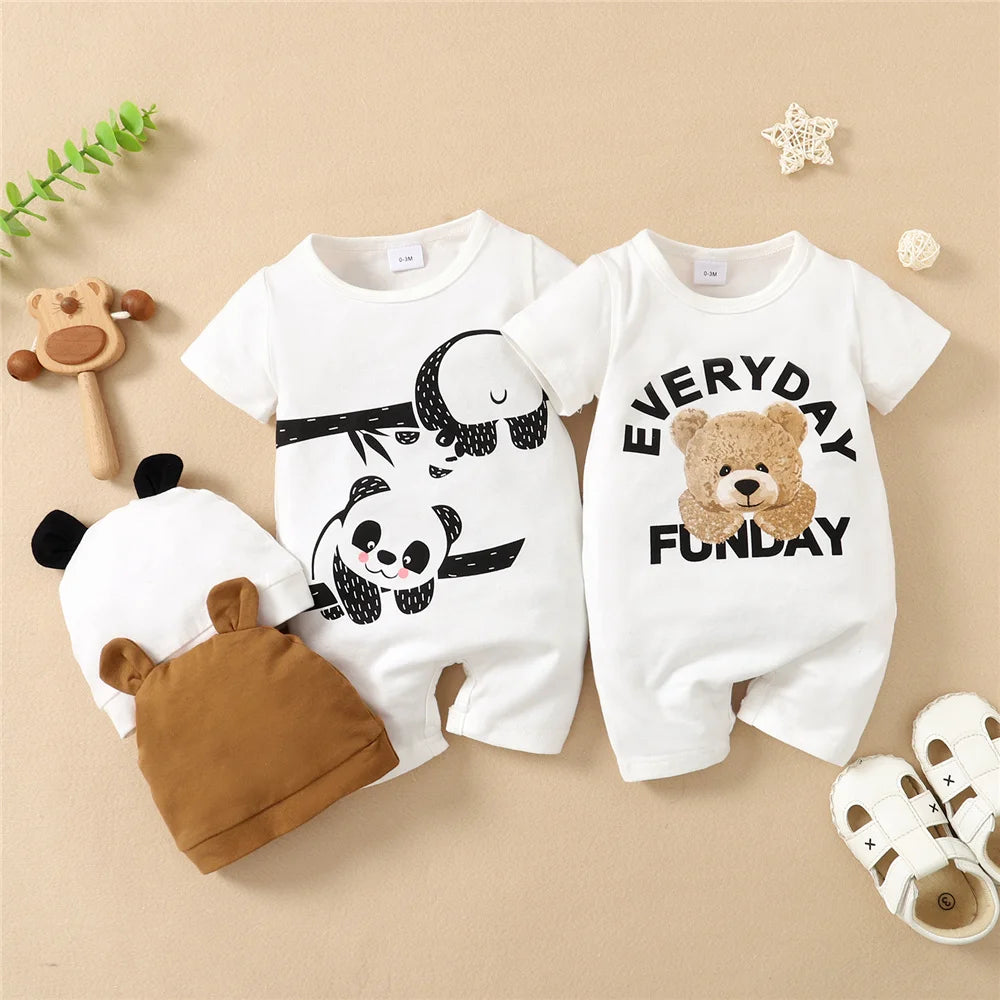 2PCS Baby Boy Panda Romper and Hat Set – Short Sleeve Summer Outfit 0–12 Months