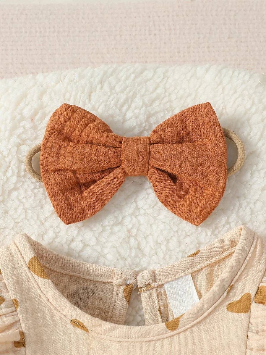 Summer Heart Print Jumpsuit with Bow & Headband – Baby Girl's Streetwear for 0–9M