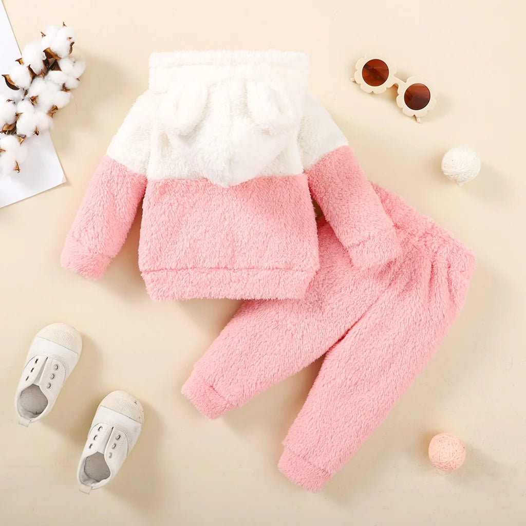 2PCS Fluffy Hooded Baby Girl Winter Outfit – Hoodie & Pants Set for 0–2 Years