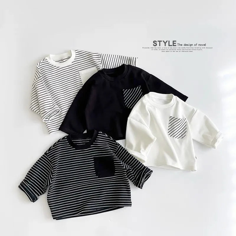 Child Long Sleeve T-Shirt – Korean Style Loose Fit Striped Crewneck for Boys & Girls