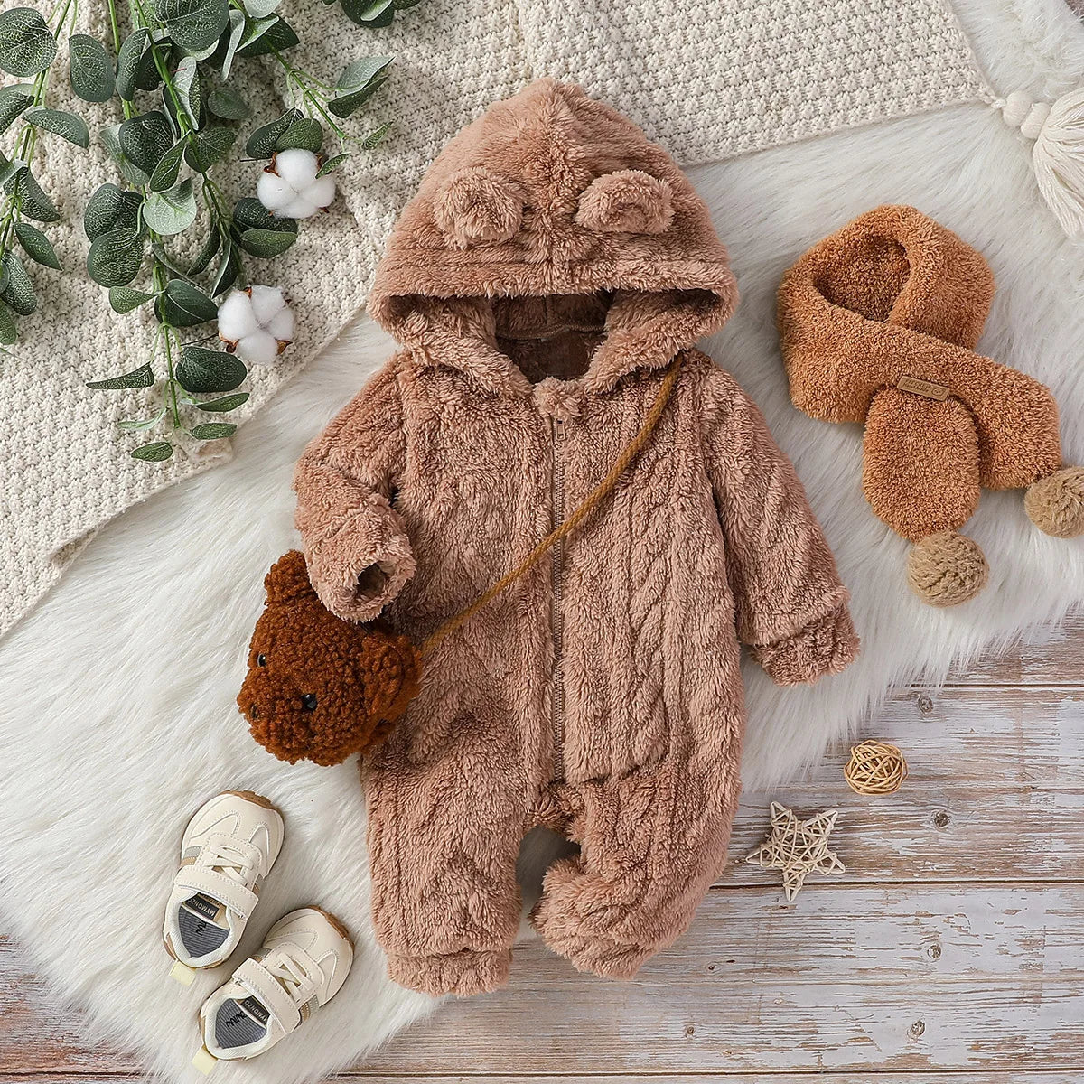 Baby Boys Winter Plush Zipper Hoodie Jumpsuit – Warm Long Sleeve Outfit for Newborns