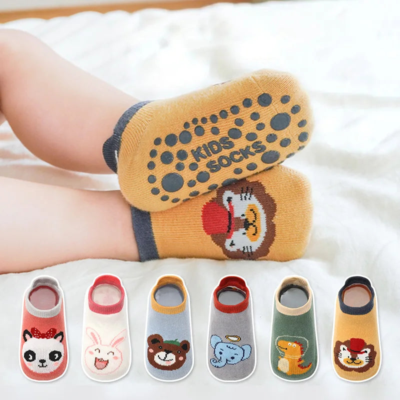 6 Pairs Cartoon Animal Baby Floor Socks – Breathable Cotton Non-Slip Grip Socks for Kids 0–6Y