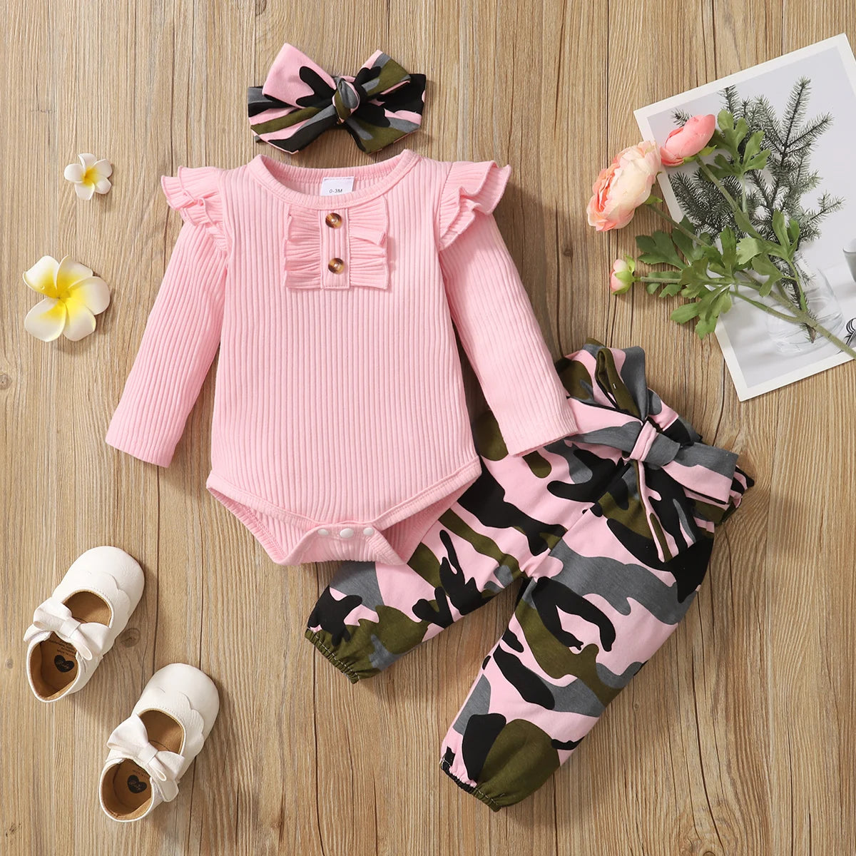 3PCS Camouflage Baby Girl Outfit with Bodysuit, Pants & Headband – 0–18 Months