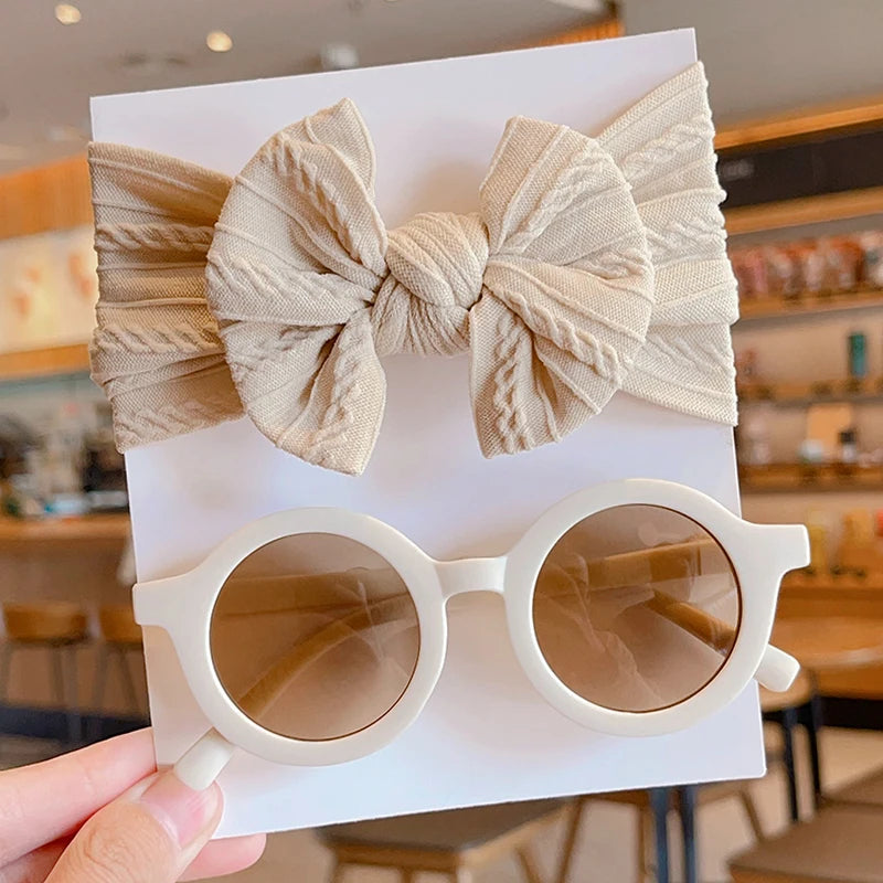 2-Piece Set: Baby Girl Round Sunglasses & Cotton Bowknot Hairband – Stylish Summer Accessory