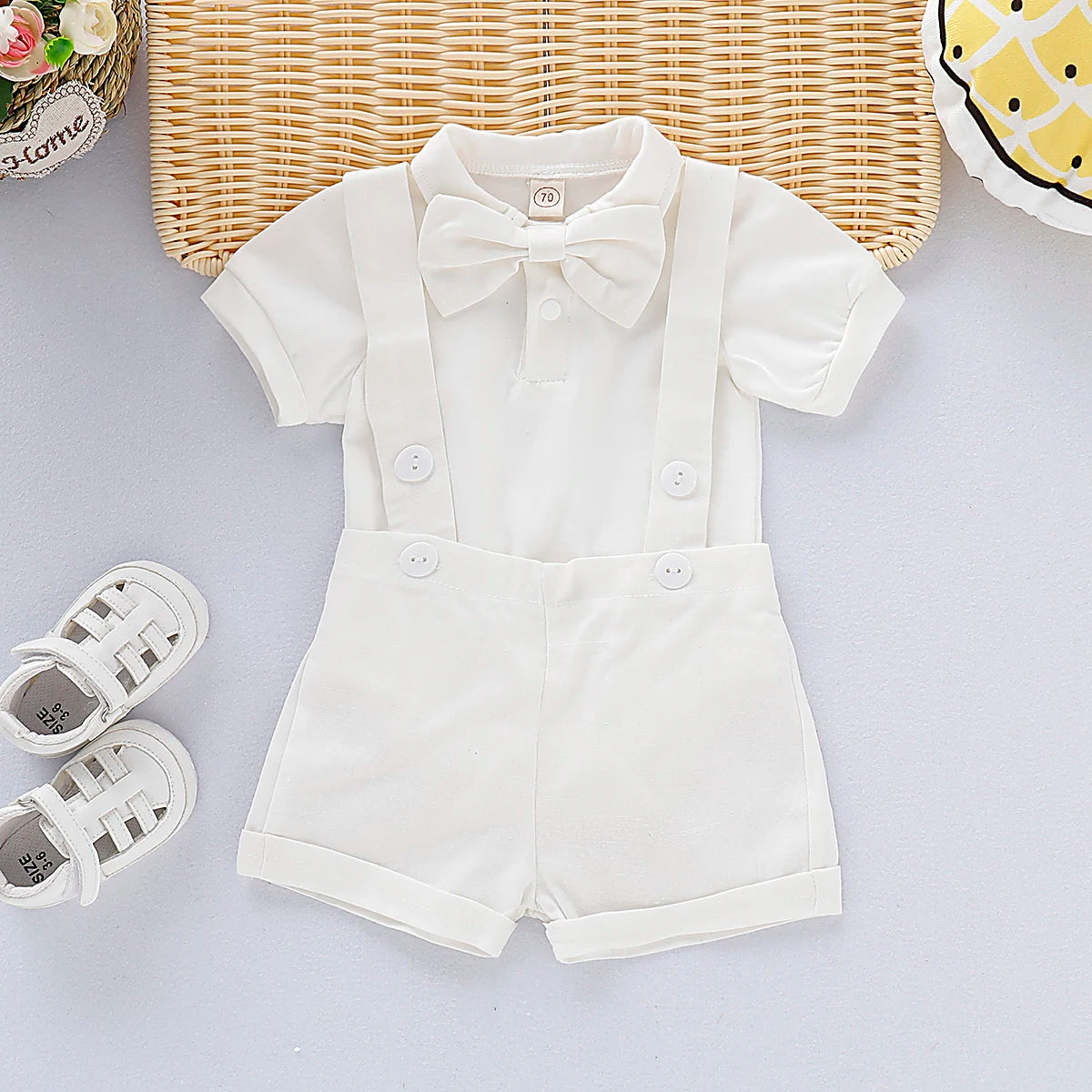 Baby Boy Summer Gentleman Outfit – Bowtie Romper & Suspender Pants Set (0–24M)