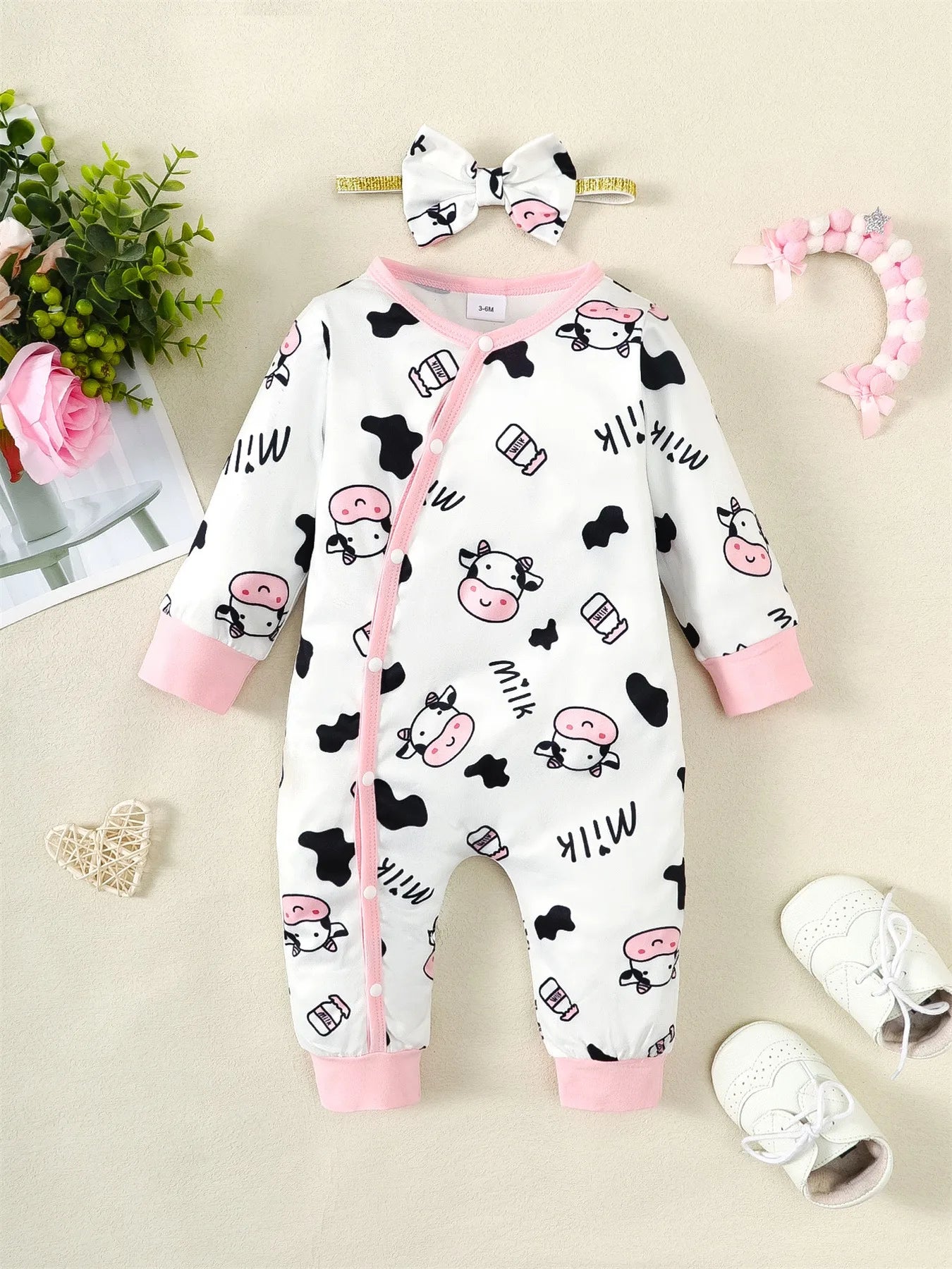 2PCS Cow Print Baby Girl Romper with Headband – 0–18 Months
