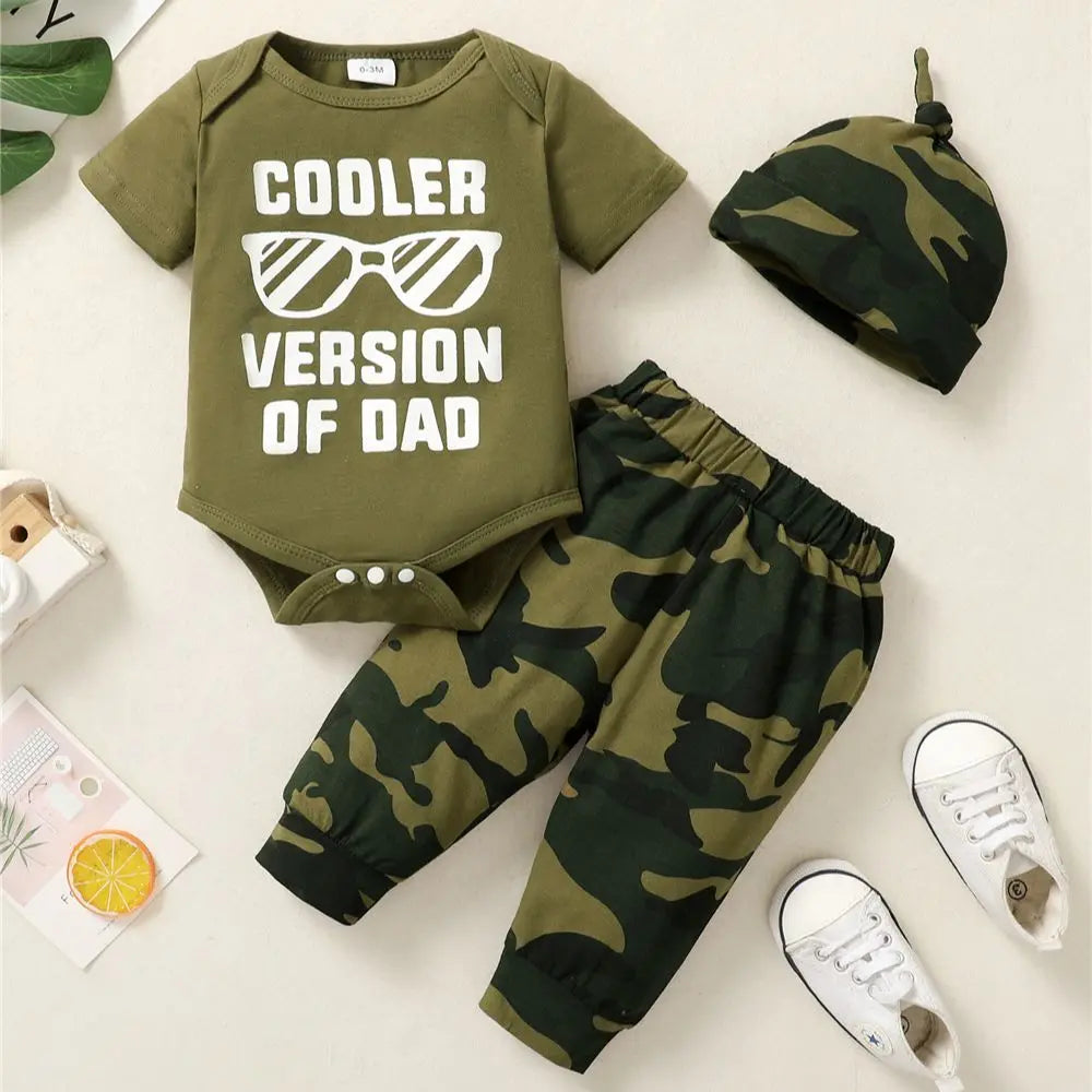 3PCS Baby Boy Camouflage Outfit with Letter Print Romper and Hat – 0–18 Months