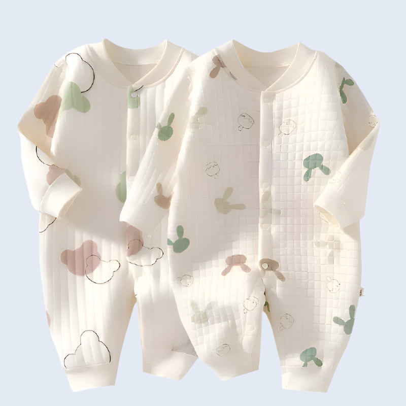 3-Layer Cotton Baby Romper – Cartoon Bear & Bunny Jumpsuit for Autumn/Winter