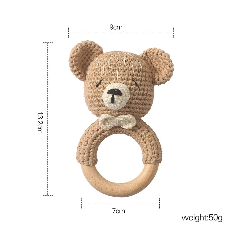 Baby Rattle – Crochet Animal Bear with Wooden Teether Ring | Soft Montessori Pram Toy for Newborns