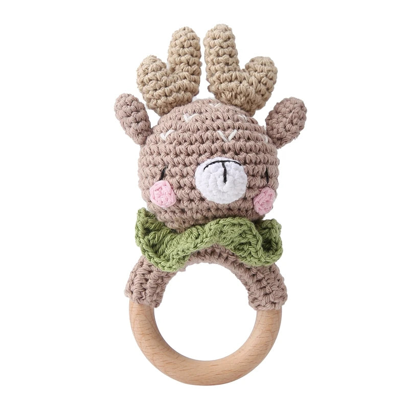 Baby Rattle – Crochet Animal Bear with Wooden Teether Ring | Soft Montessori Pram Toy for Newborns