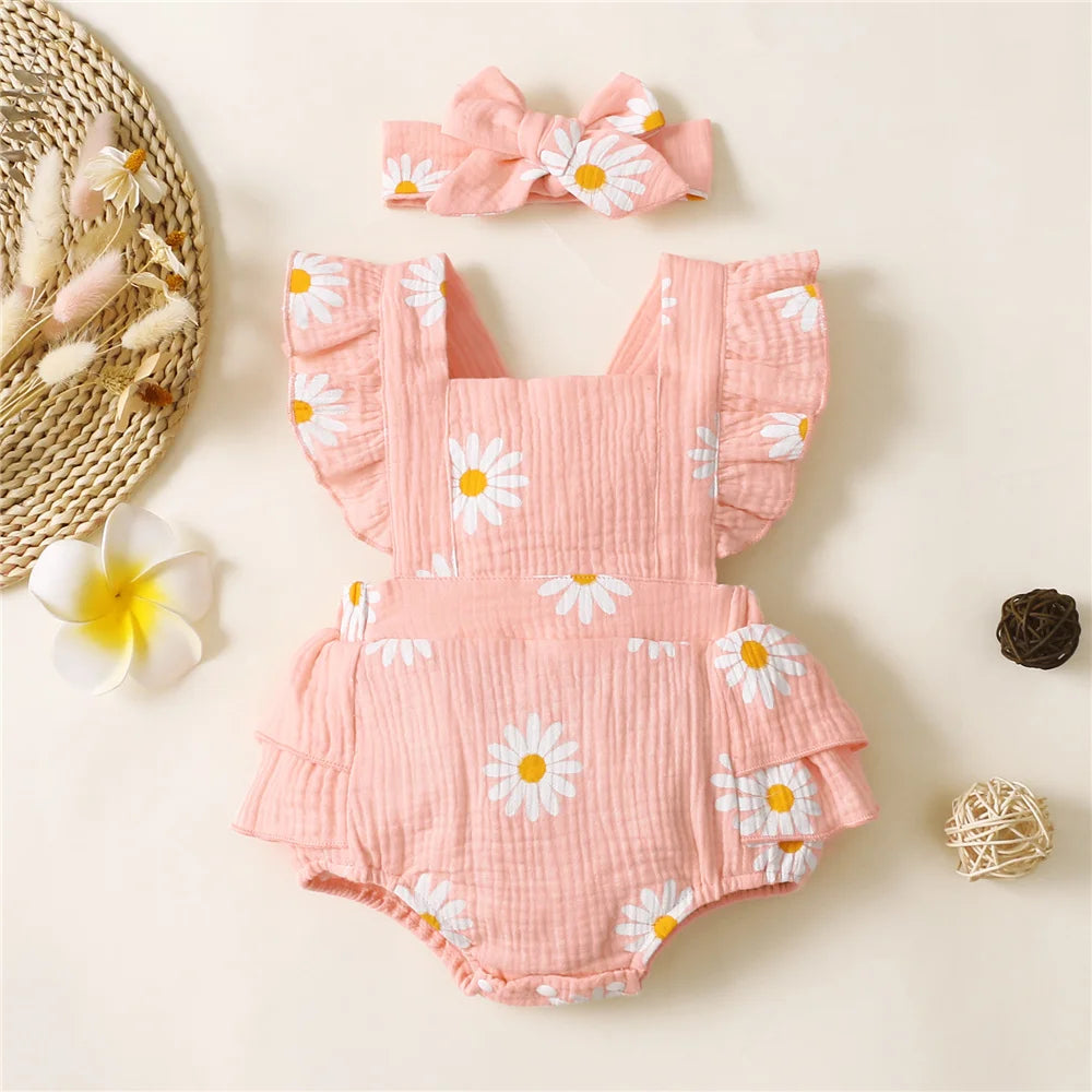 Baby Girl Summer Romper with Headband – Ruffle Sleeveless Bodysuit (0–1Y)