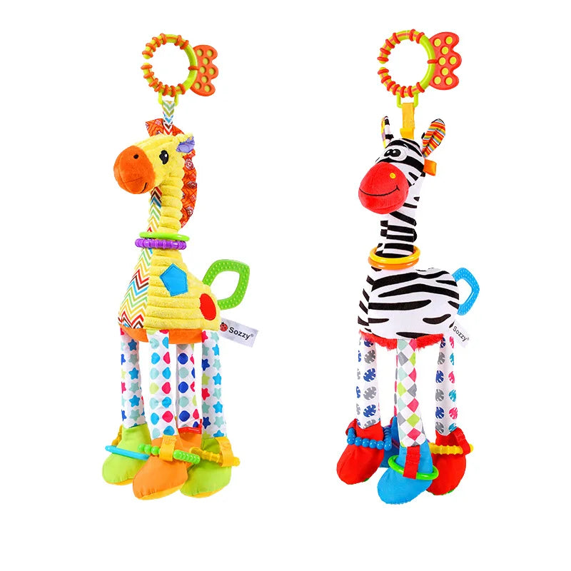 Soft Animal Handbells Rattle – Giraffe & Zebra Plush Toy with Teether for Infants