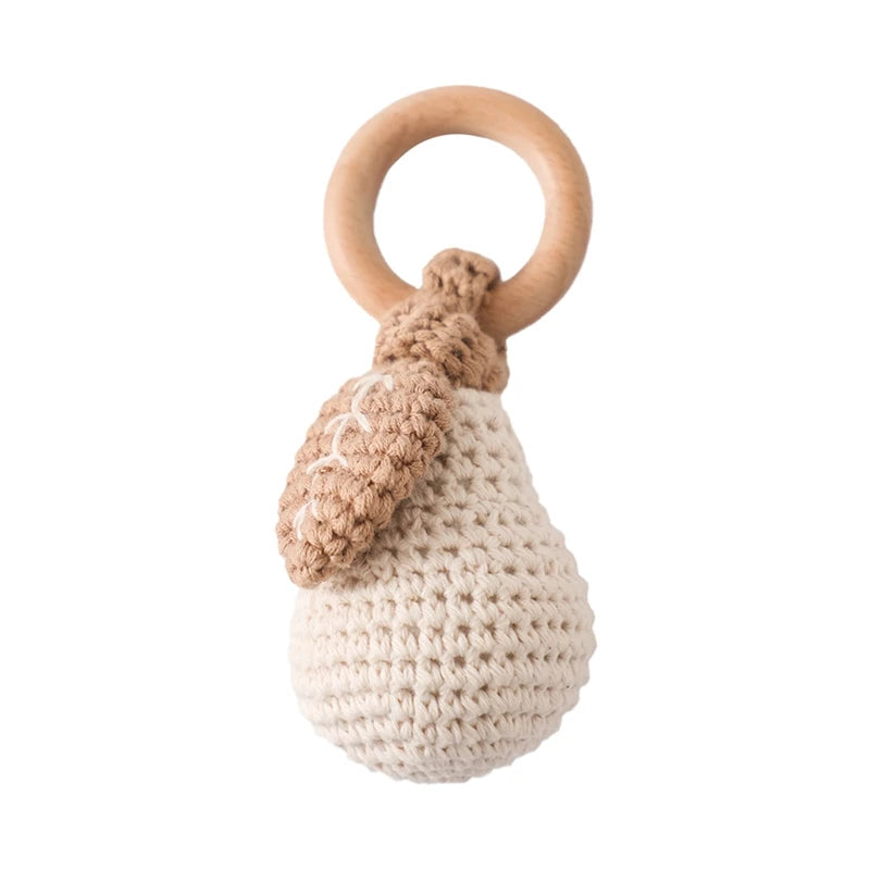Baby Rattle – Crochet Animal Bear with Wooden Teether Ring | Soft Montessori Pram Toy for Newborns