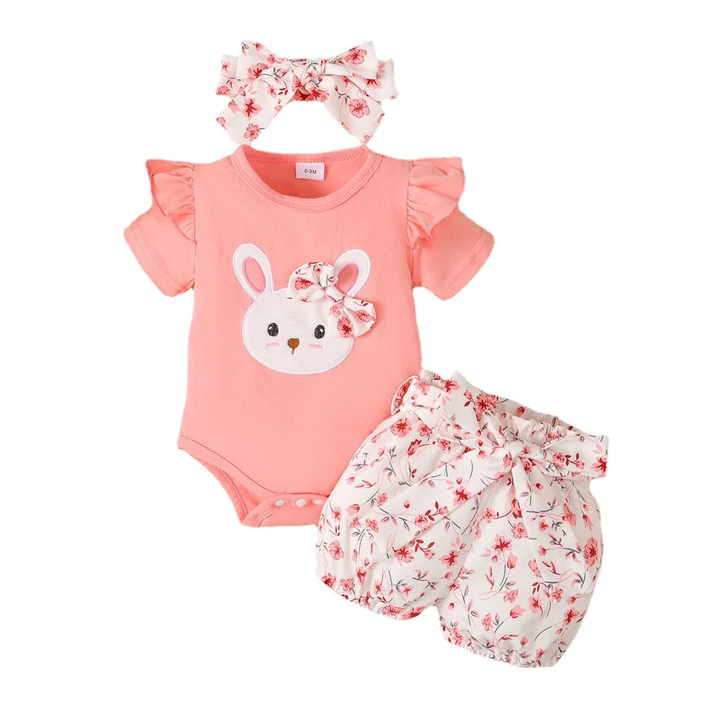3PCS Baby Girl Summer Outfit – Rabbit Bodysuit, Floral Shorts & Headband (0–18 Months)