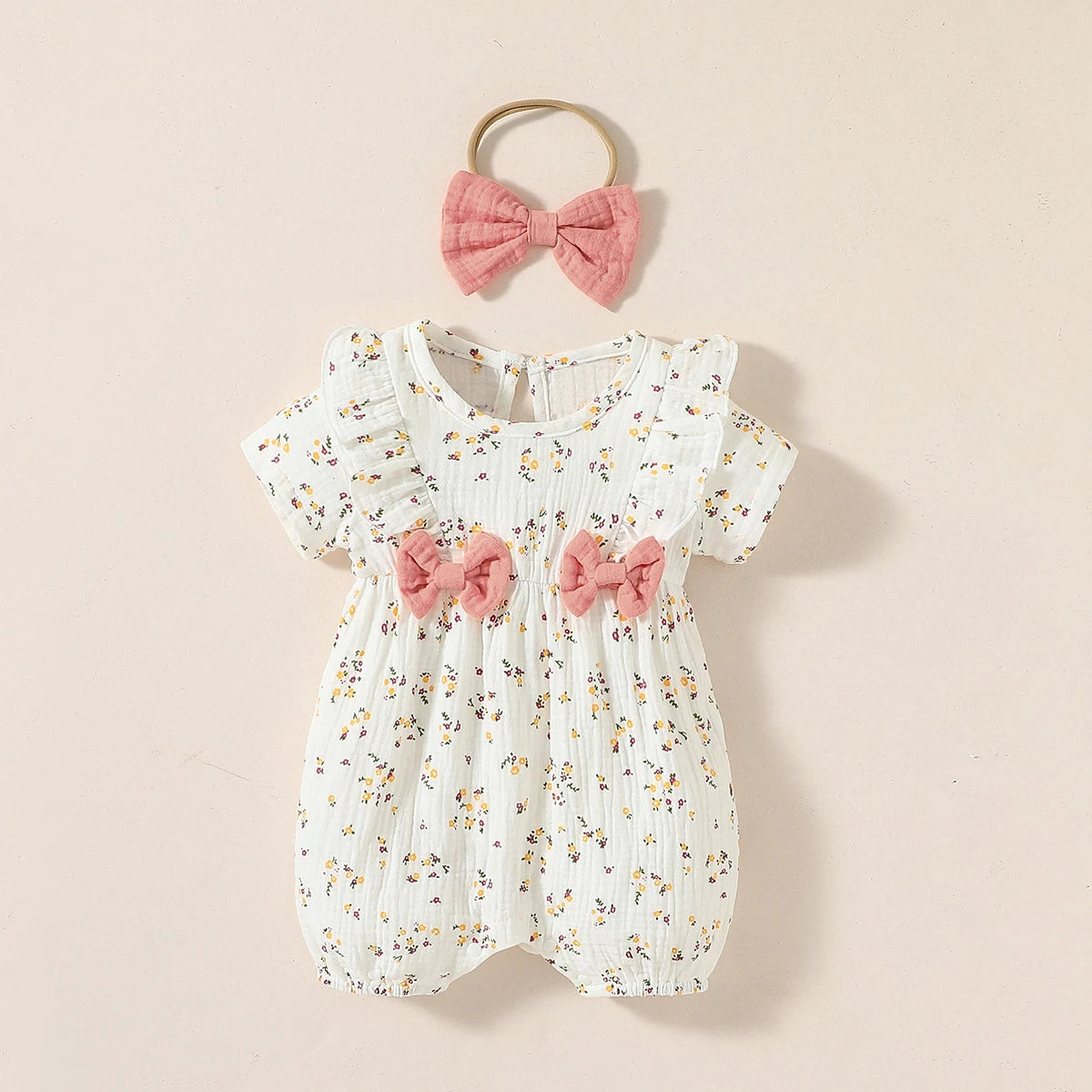 Summer Heart Print Jumpsuit with Bow & Headband – Baby Girl's Streetwear for 0–9M