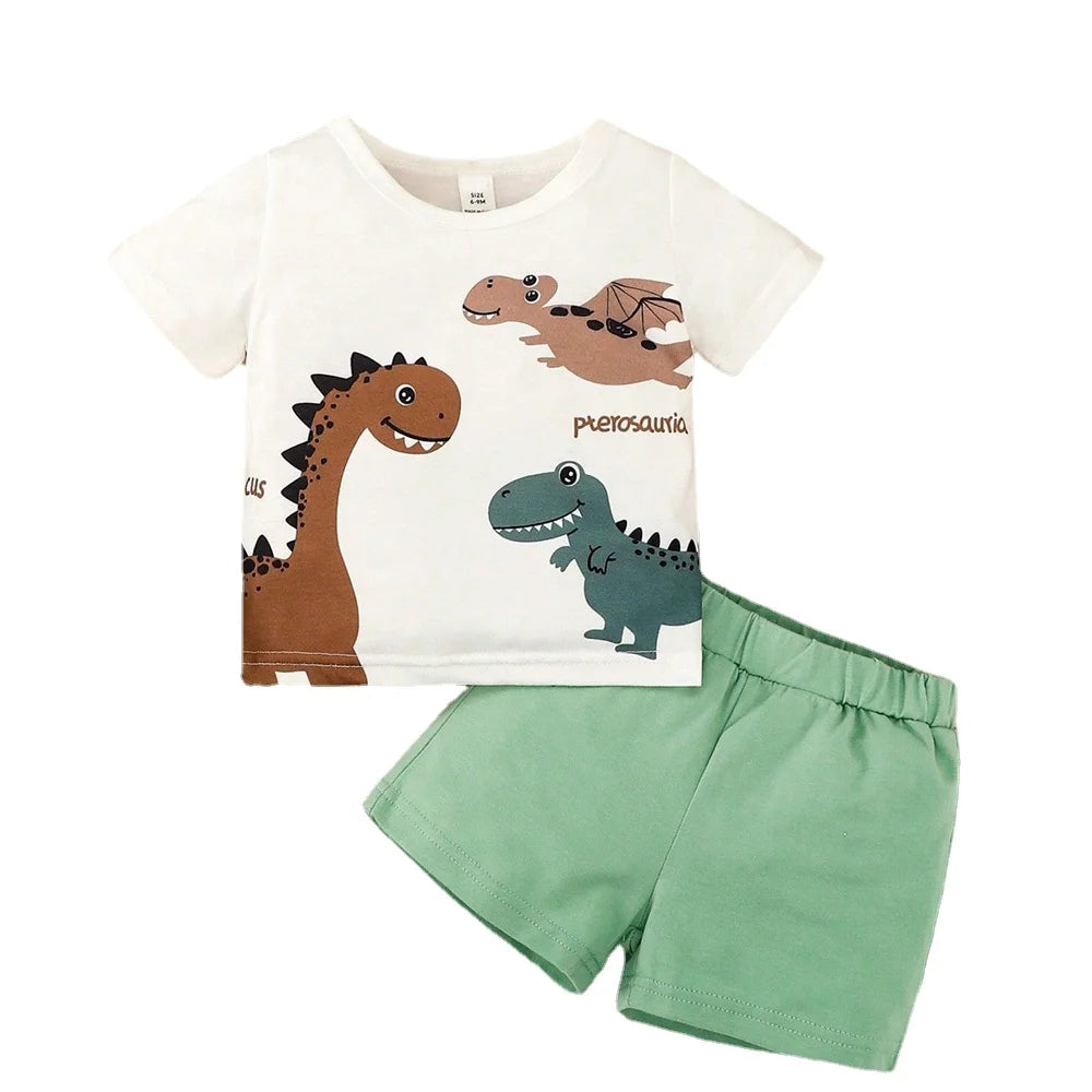 2PCS Baby Boy Dinosaur Summer Outfit with Short Sleeve Top and Shorts 0–3 Years