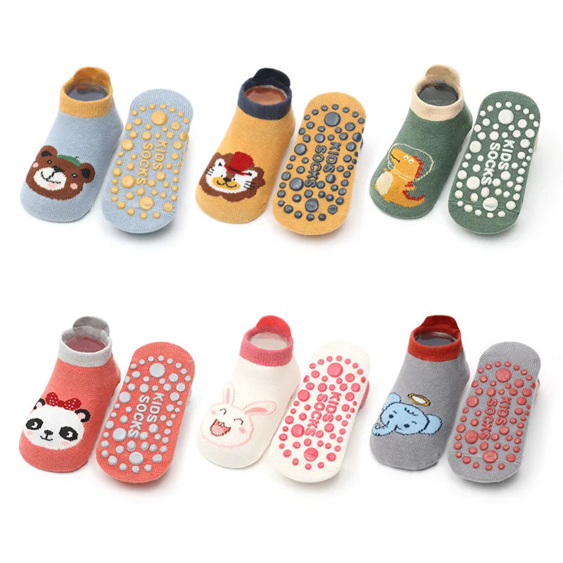 6 Pairs Cartoon Animal Baby Floor Socks – Breathable Cotton Non-Slip Grip Socks for Kids 0–6Y