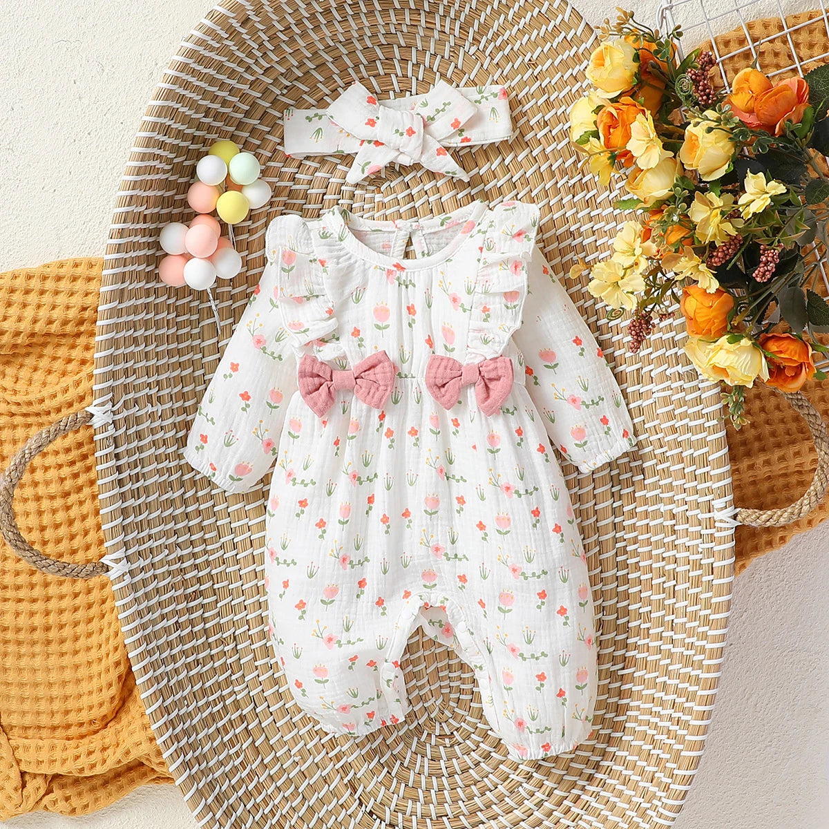 Floral Cotton Baby Jumpsuit with Bow and Headband – Long Sleeve All-Season Outfit for Girls