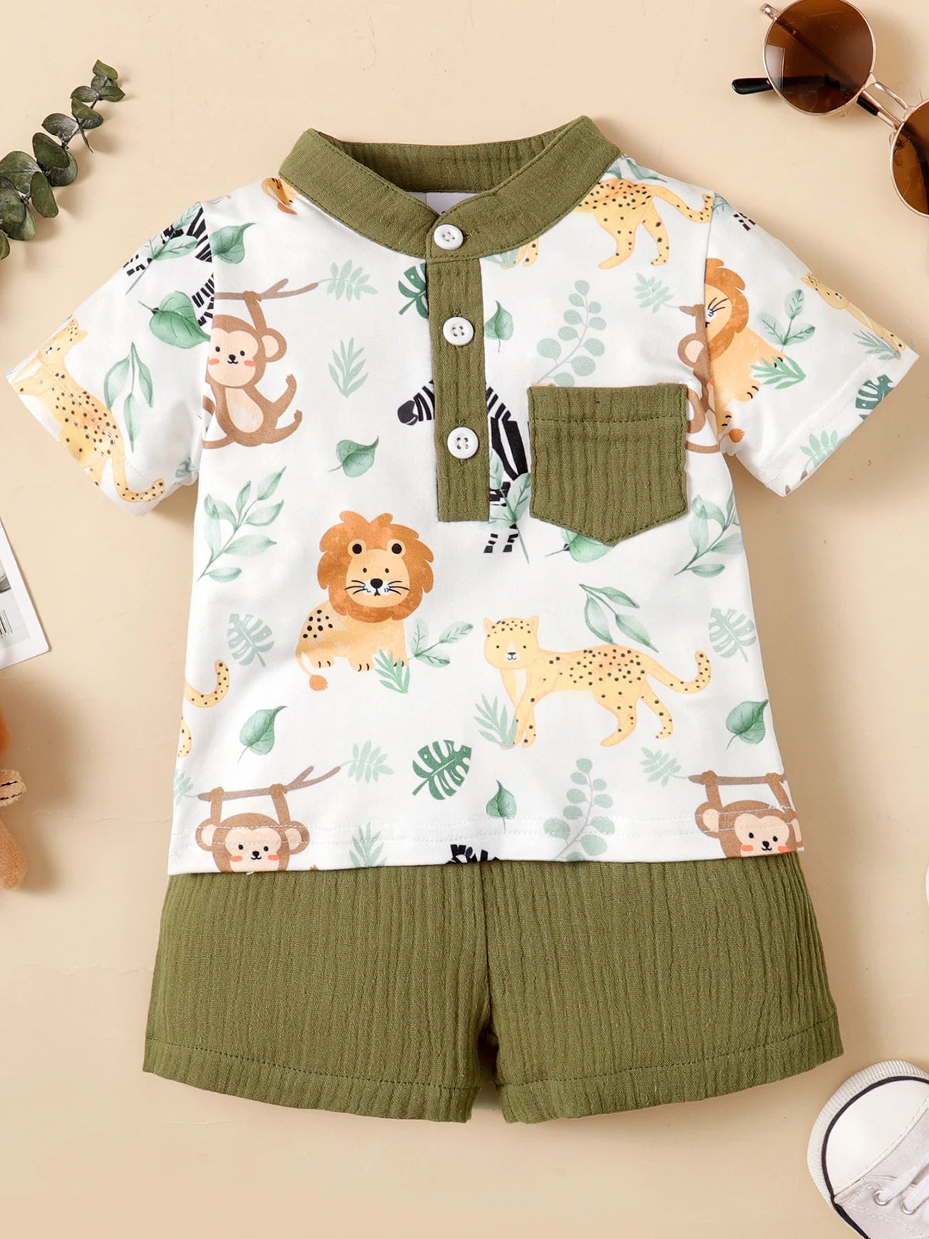 2PCS Baby Boy Gentleman Outfit with Animal Print Shirt and Shorts 3–24 Months