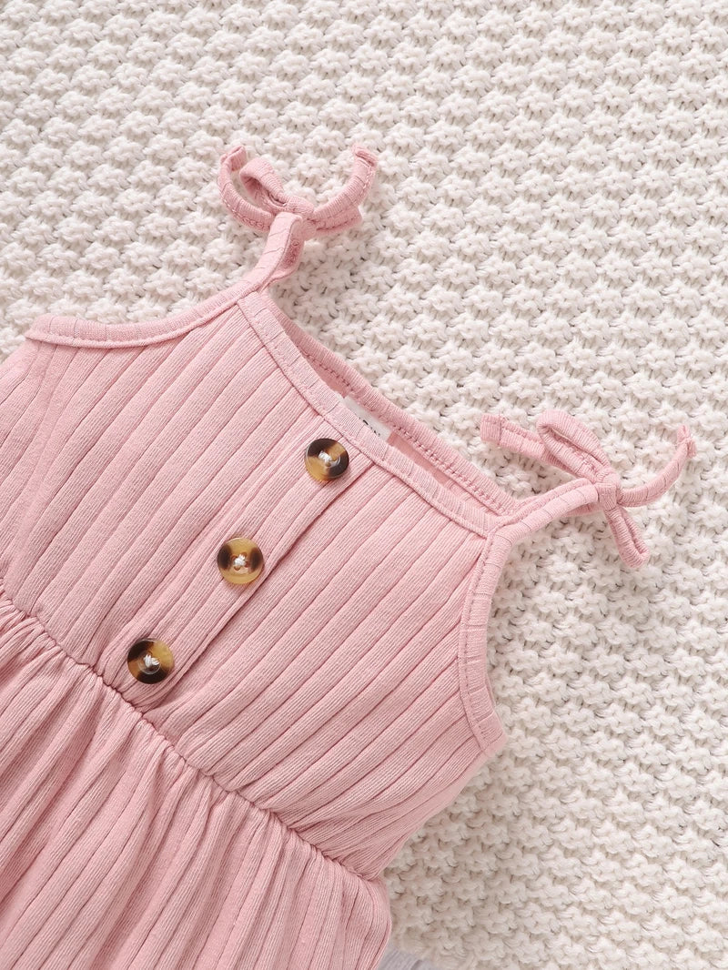 2PCS Pink Suspender Baby Girl Romper Set with Headband (0–9 Months)