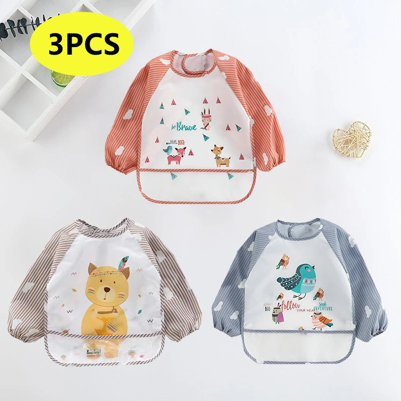 Waterproof Cartoon Baby Bib – Long Sleeve Feeding Apron with Pocket for 0–3Y