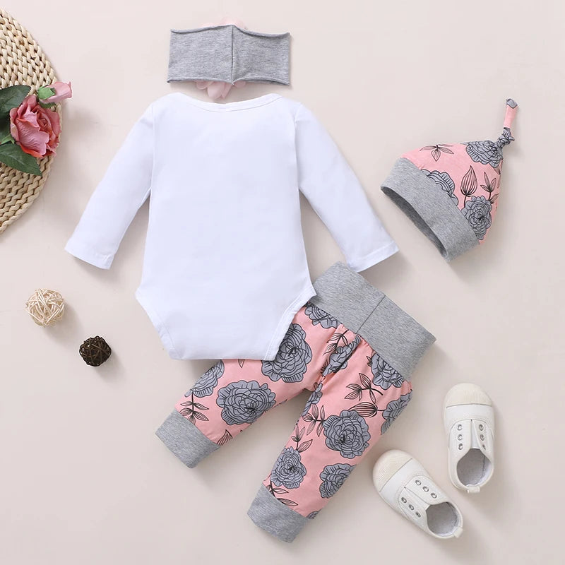 Baby Girl 4PCS Romper Outfit – Rose Pants, Hat & Headband Set (0–18 Months)