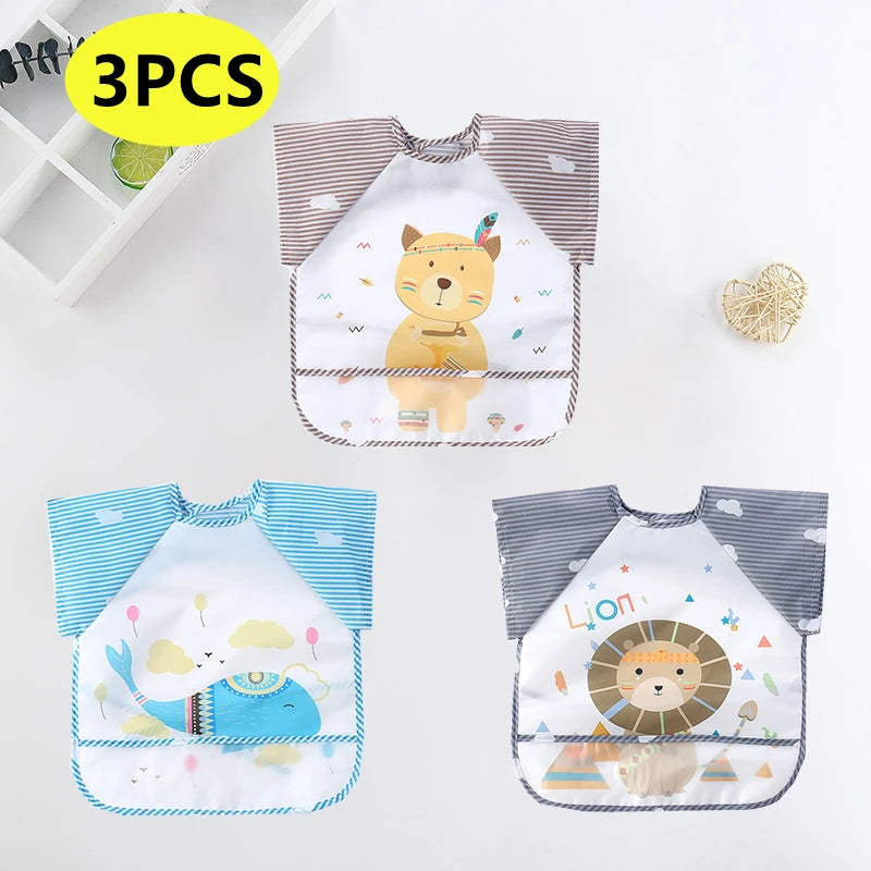Waterproof Cartoon Baby Bib – Long Sleeve Feeding Apron with Pocket for 0–3Y