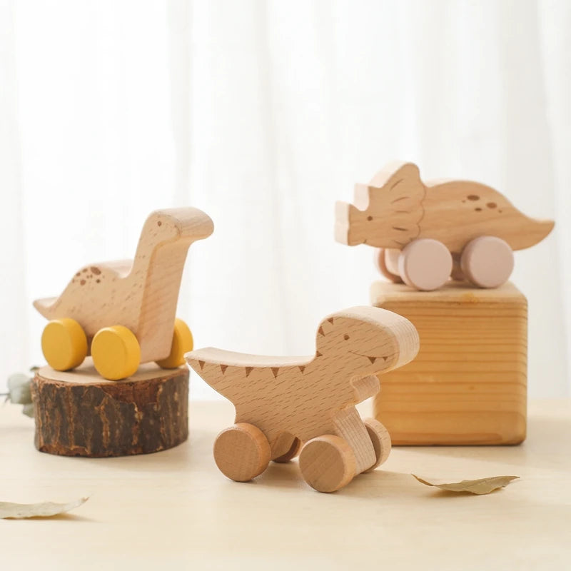 Wooden Dinosaur Car Teether – Montessori Educational Toy for Teething Babies