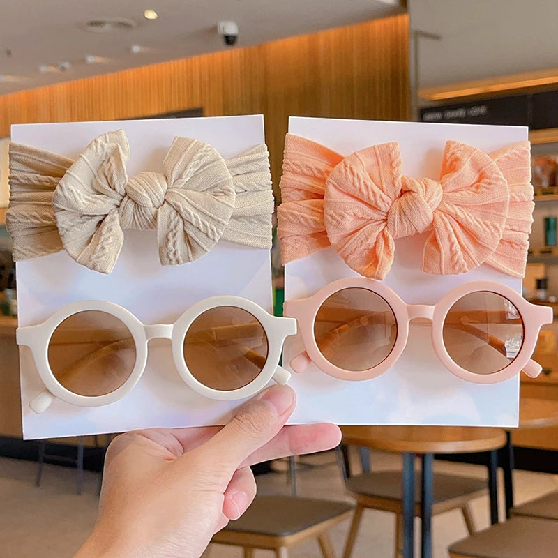 2-Piece Set: Baby Girl Round Sunglasses & Cotton Bowknot Hairband – Stylish Summer Accessory