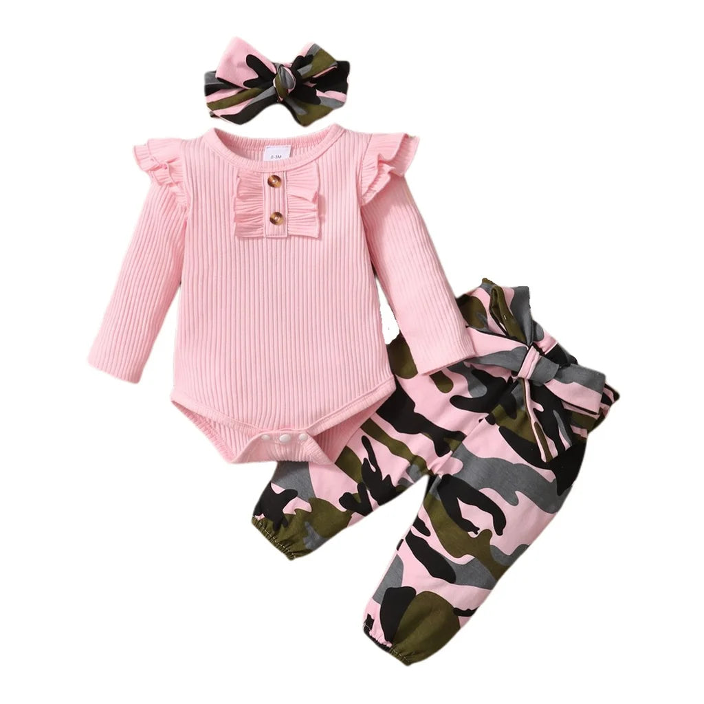 3PCS Camouflage Baby Girl Outfit with Bodysuit, Pants & Headband – 0–18 Months