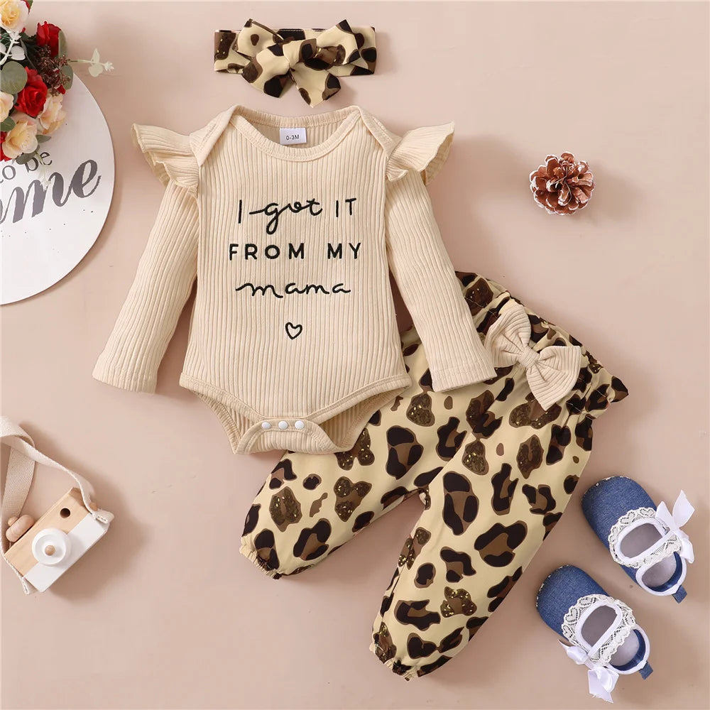 3PCS Baby Girl Autumn Outfit with Bodysuit, Leopard Pants and Headband 0–18 Months