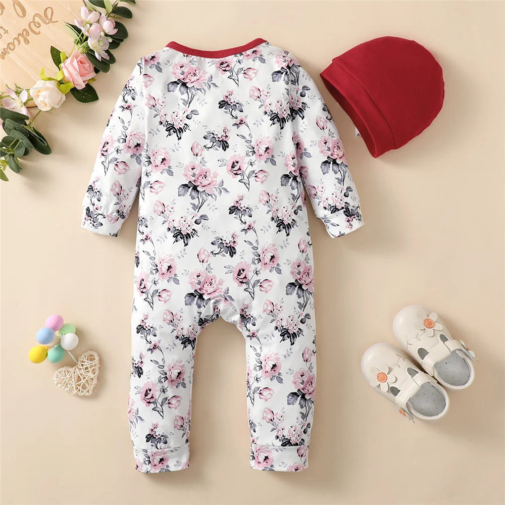 Baby Girl Floral Romper Set with Hat – Long Sleeve Jumpsuit Outfit (0–18 Months)