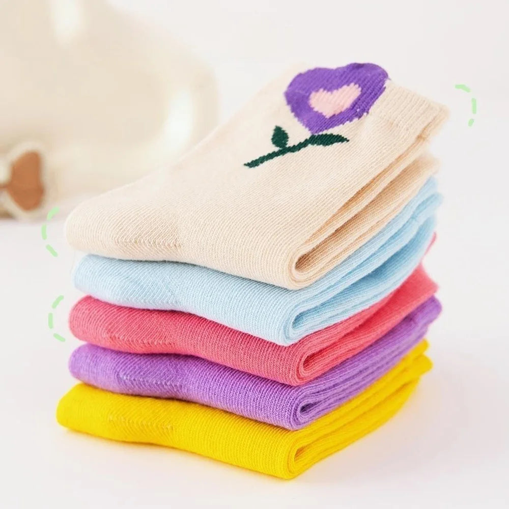 5 Pairs Girls Floral Socks – Cute Breathable Cartoon Flower Pattern Kids Socks for 1–12Y