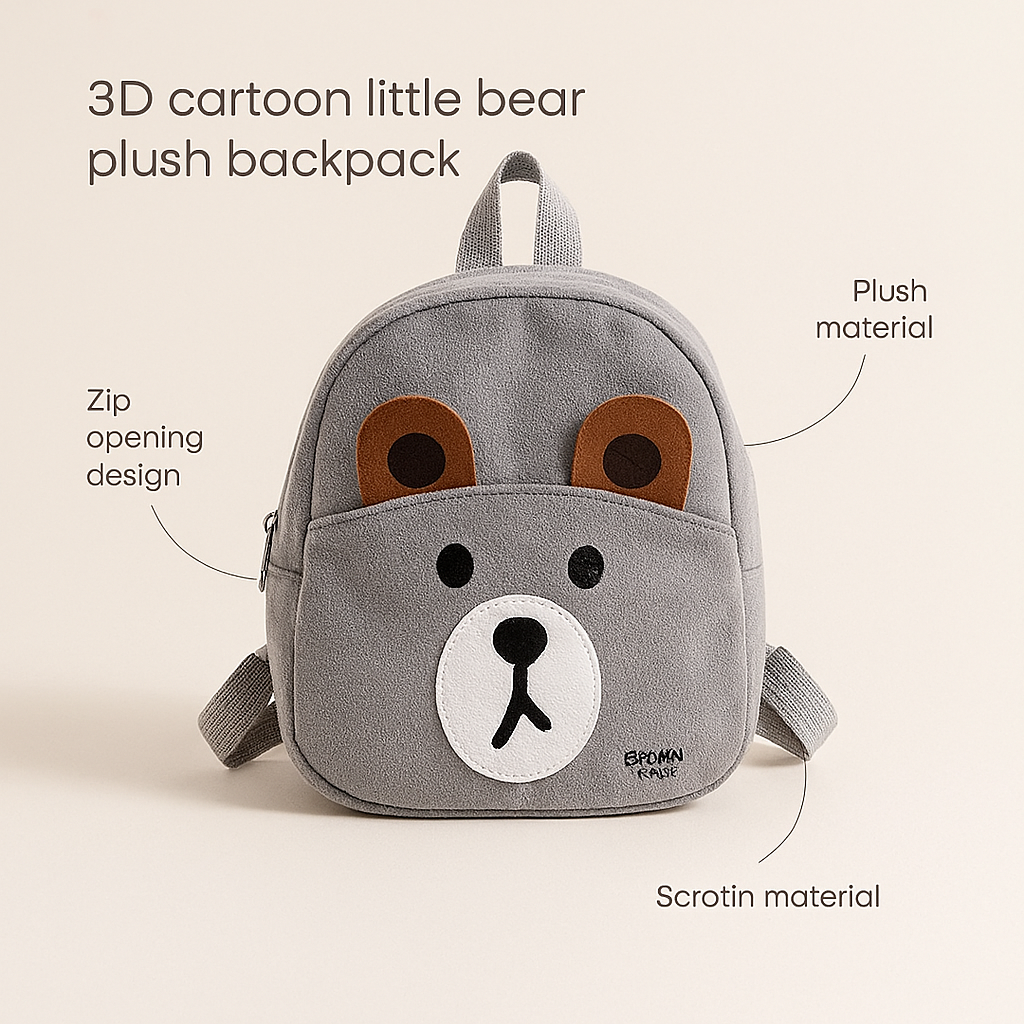 3D Cartoon Little Bear Plush Kids Backpack – Cute Mini School Bag for Toddlers