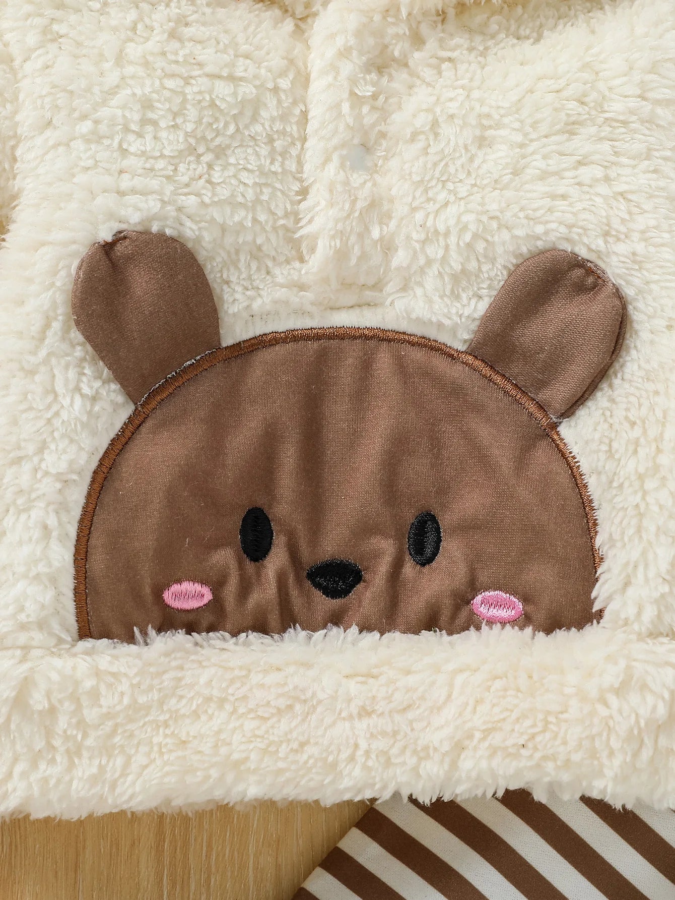 Baby Boy Winter Plush Hooded Coat & Striped Pants Set – 2PC Outfit for Newborn to 6M