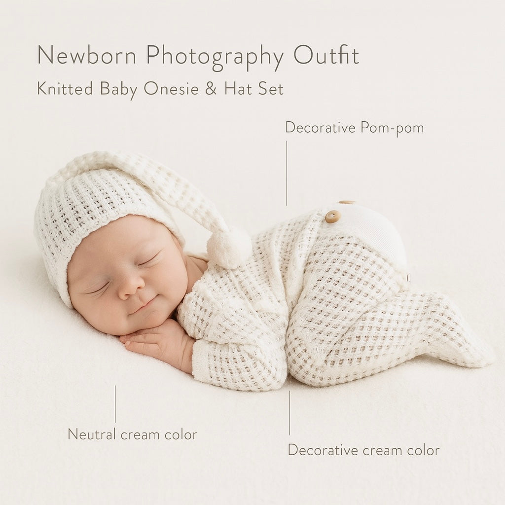 Newborn Photography Outfit – Knitted Baby Onesie & Hat Set for 0–1 Year