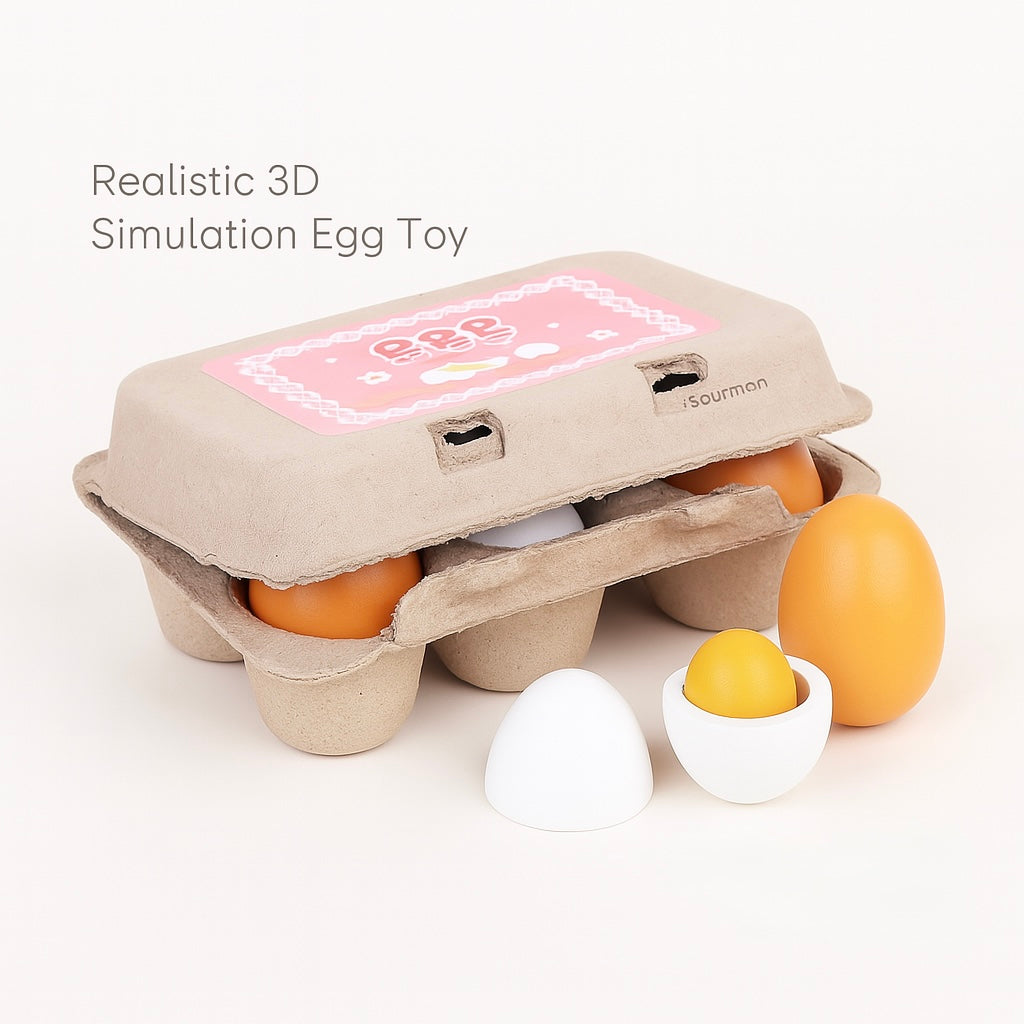 6pcs Wooden Simulation Eggs Set – Montessori Pretend Play Kitchen Toys for Kids