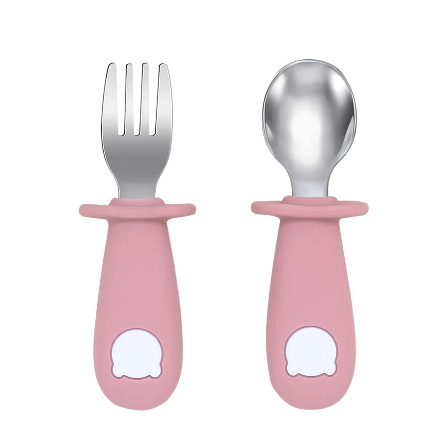 Cartoon Bear Baby Spoon and Fork Set – BPA-Free Silicone & Stainless Steel Utensils for Weaning