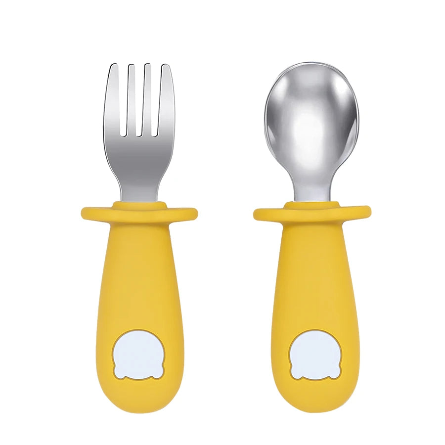 Cartoon Bear Baby Spoon and Fork Set – BPA-Free Silicone & Stainless Steel Utensils for Weaning