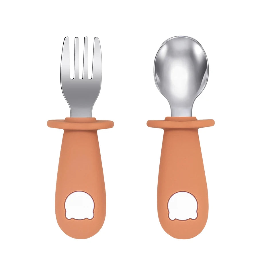 Cartoon Bear Baby Spoon and Fork Set – BPA-Free Silicone & Stainless Steel Utensils for Weaning
