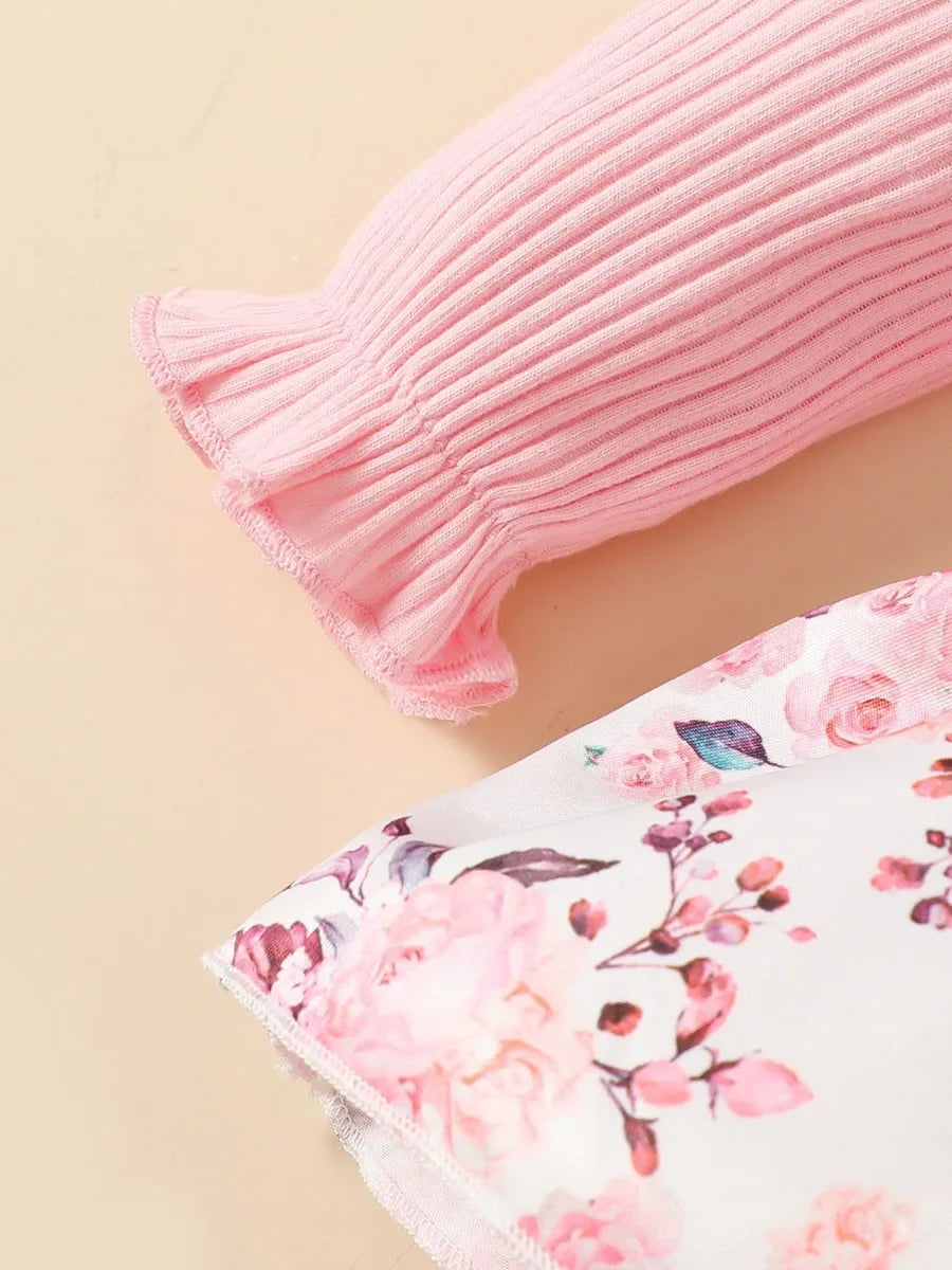 2PCS Baby Girl Ribbed Floral Romper Dress with Headband – 0–18 Months