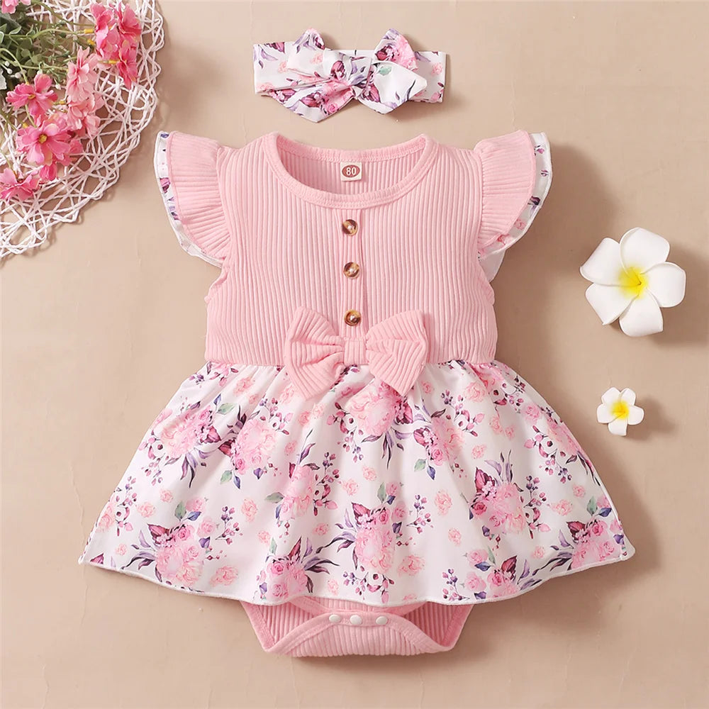 Baby Girl Floral Romper Dress Set – 2PCS Summer Outfit with Headband (0–18 Months)